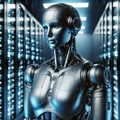 Close-up view of a humanoid robot standing in what appears to be a server room
