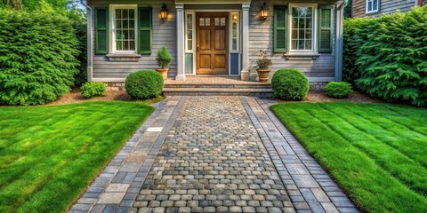 Obraz premium A charming home entrance with a meticulously landscaped lawn and a stone pathway