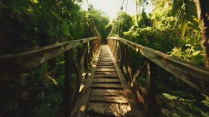 Obraz premium Backwards moving on footbridge on tourist trail over gorge in tropical forest