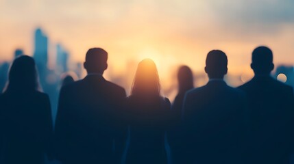 Silhouetted Professionals Networking at Sunset City Skyline Executive Recruitment Event