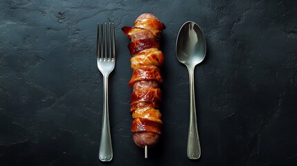 Bacon wrapped sausage with fork and spoon