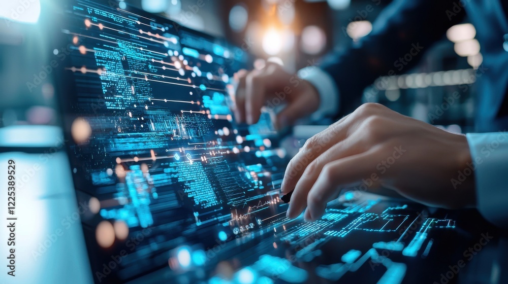 Poster digitally immersed tech developer coding on futuristic interface