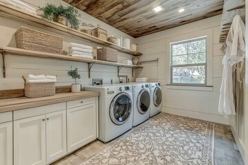 Laundry room with wooden shelves, white cabinets, washing machines, and a carpet, for home use