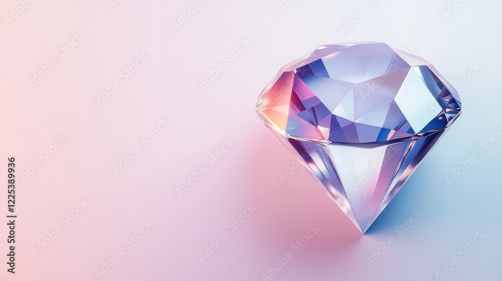 Poster colorful diamond icon with faceted geometry on soft gradient background and ample copy space for tex