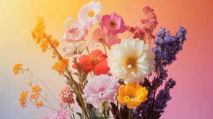 Vibrant Floral Arrangement with Diverse Color Palette in Studio Setting Featuring Bright Yellow, Pink, Orange, and Purple Blooms