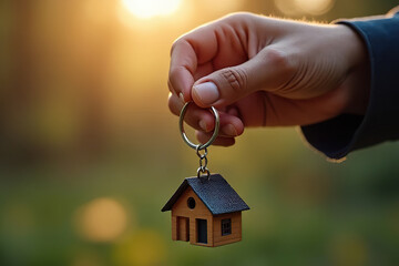 hand holding keychain with small wooden house against warm, sunlit background