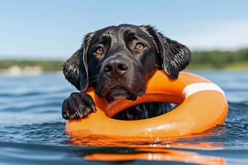 Black Labrador Retriever Holding Lifebuoy in Water. Wet Dog with Sad Eyes Clinging to Orange Floatation Device. Life-Saving Concept of Canine Rescuer. Summer Outdoor Scene on a Lake. AI generated