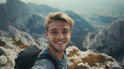 Fototapeta premium The happy face of a young hiker fills a vertical selfie, with the majestic mountain landscape unfolding behind him, showcasing the thrill of the climb.