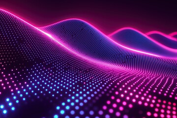 Glowing pink and blue particles form undulating waves in digital landscape