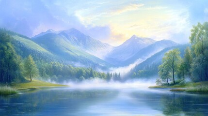 Serene Mountain Lake Mist Morning Landscape