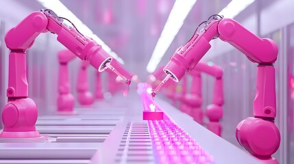 Pink robots are working on a conveyor belt