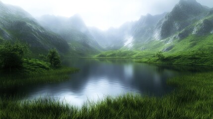 Serene Mountain Lake Enveloped in Misty Peaks