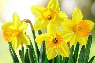 Fototapeta premium Daffodil Cluster A close-up of bright yellow daffodils blooming on a dewy spring morning