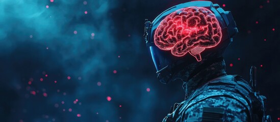 Futuristic soldier in tactical gear interacting with glowing holographic brain against a dark blue cosmic background with empty space for text
