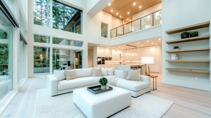 Modern open-plan home living room with high ceilings, forest view.  Ideal for real estate listings