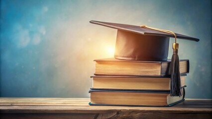 Graduation cap atop a stack of well-worn textbooks, signifying academic achievement and the pursuit of knowledge