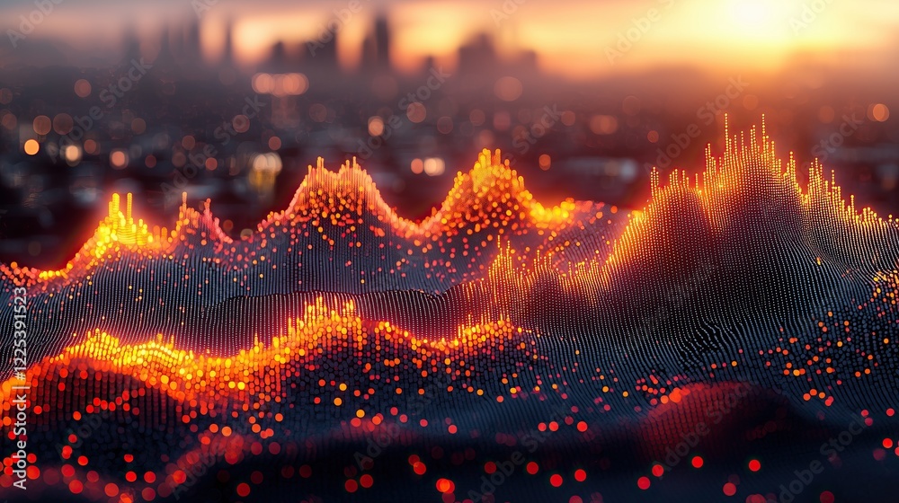 Poster Glowing data points form dynamic landscape against blurred cityscape backdrop