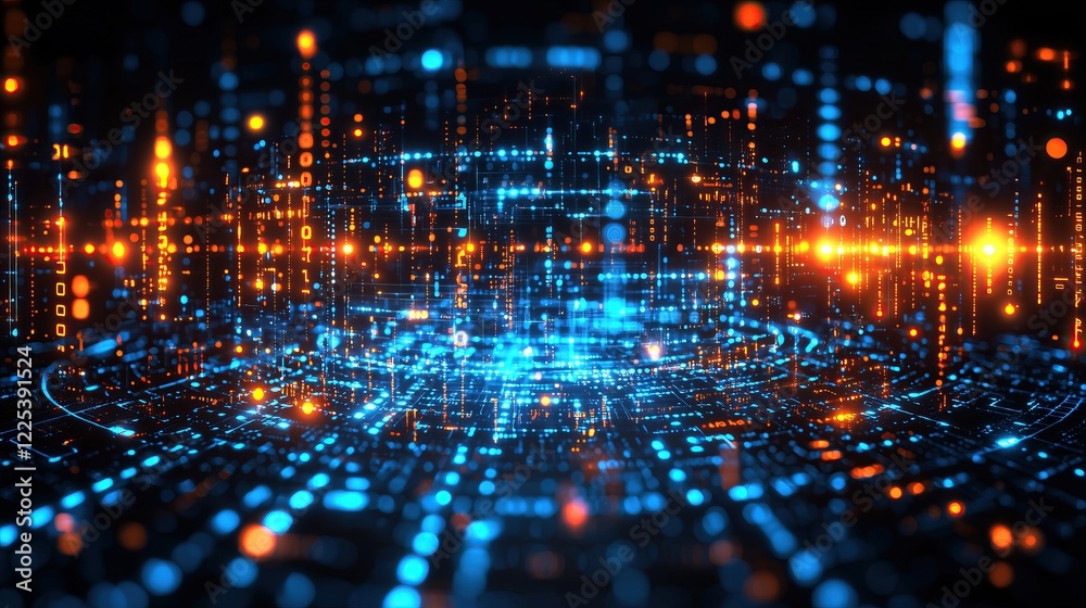 Poster Abstract digital landscape of glowing data streams and binary code forming complex network