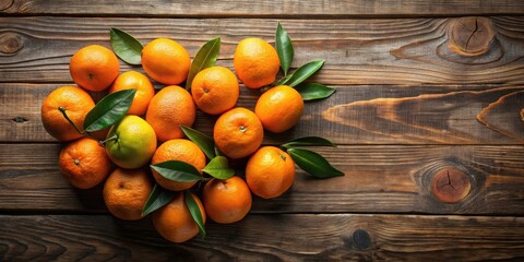 A cluster of ripe citrus fruits with green leaves arranged on a rustic wooden surface