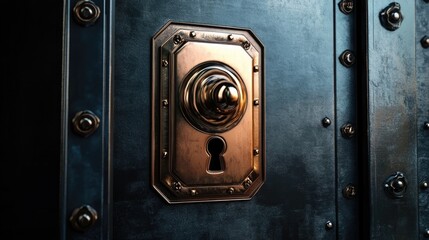 Vintage brass doorknob and ornate keyhole on a textured dark blue metal door, emphasizing home security and protection concept in a close-up view.