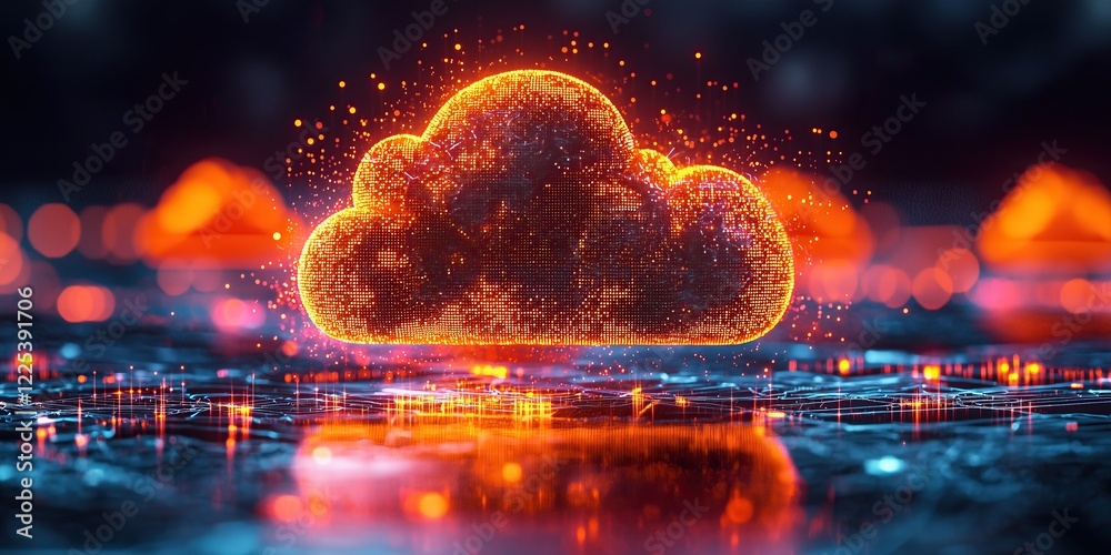 Poster Digital cloud data visualization: network of interconnected nodes forming cloud shape symbolizing data storage and connectivity