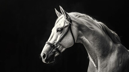Majestic white horse portrait in black and white showcasing powerful features and ethereal elegance against a dark background