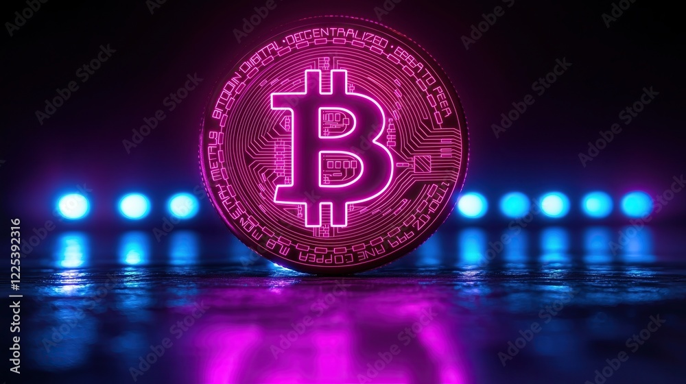Aufkleber glowing cryptocurrency coin with digital circuit design reflecting on dark surface with blue lights