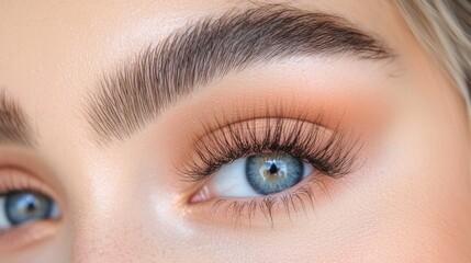Fototapeta premium Closeup of a woman s beautiful blue eyes with natural flawless makeup and long lush eyelashes