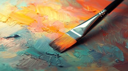 Obraz premium Vibrant Abstract Palette with Brush on Oil Paint Surface in Warm and Cool Tones for Creative Artistic Inspiration and Digital Design Concepts