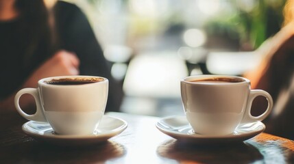 Fototapeta premium Two Coffee Cups on Wooden Table in Cozy Cafe Atmosphere with Warm Natural Light Symbolizing Friendship and Connection during Break Time