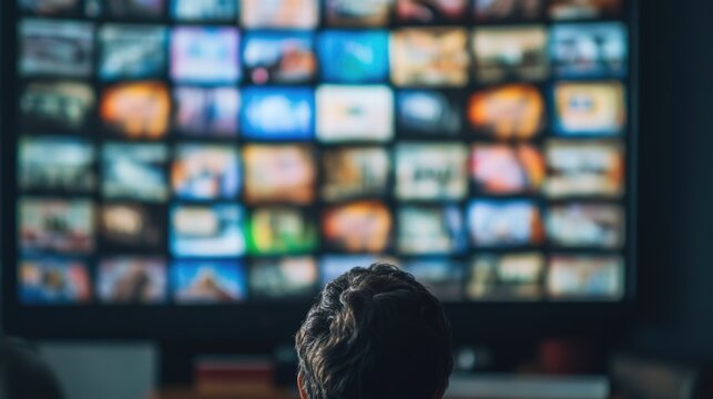 Person Viewing Pay Per View Online Marketing Content on Television Screen Displaying Multiple Media Thumbnails in Dark Room with Blue Light