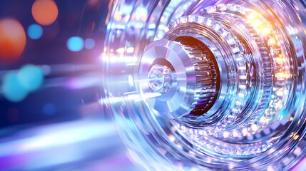 A silver gear with a blue and red background