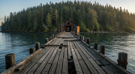 Obraz premium Rustic Wooden Dock Leading to Secluded Island Boathouse at Sunset