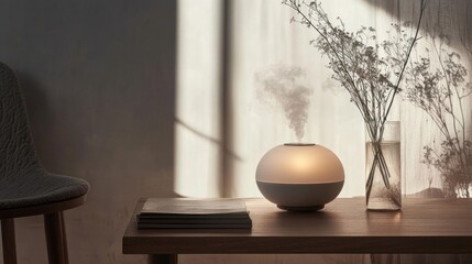 Minimalist Porcelain Aroma Lamp Emitting Steam on Wooden Table with Dried Flowers in Soft Natural Light Creating Tranquil Ambiance