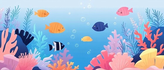 Naklejka premium Vibrant Tropical Fish Swimming Among Colorful Coral Reef - Underwater Marine Life Exploration and Photography Concept
