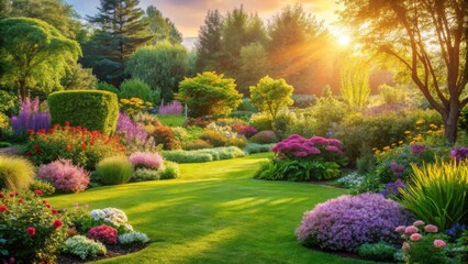 A vibrant, idyllic garden bathed in the golden light of sunrise, showcasing a diverse array of blooming flowers and lush greenery, creating a serene and picturesque landscape