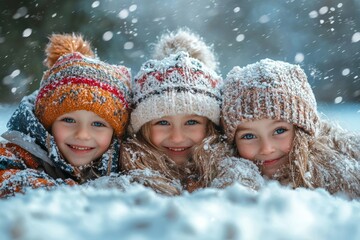 Three children bundled in winter hats playfully peek from a snowy landscape
