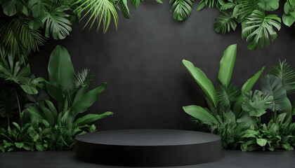 Black pedestal surrounded by lush tropical foliage
