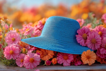 A vibrant blue gardening hat rests among colorful blooms, perfect for the gardening season. Embrace nature's beauty and enjoy the joys of gardening!
