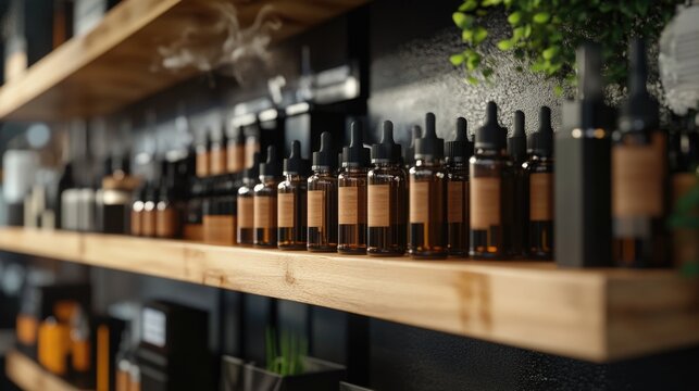 Rustic wooden shelf displaying an array of 3D vaping testers and mods with amber-colored bottles in low light atmosphere and smoke effect