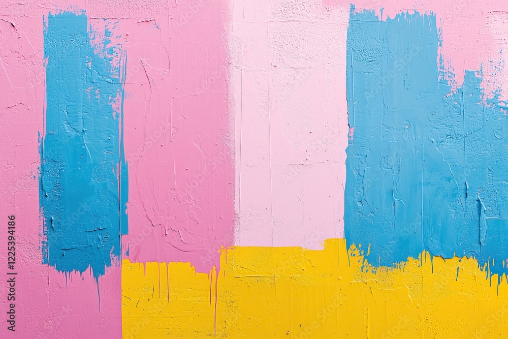 Poster abstract art: pink light pink yellow and blue paint strokes on textured surface vibrant color block 