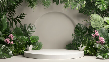 Tropical Plants Surround A White Circular Display Platform