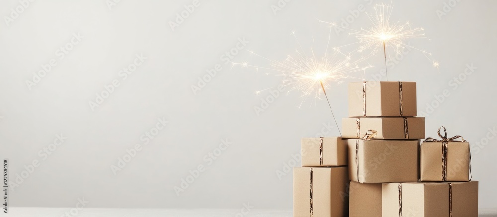 Poster stacked cardboard boxes in beige with sparkling lights on white background creating ample empty spac