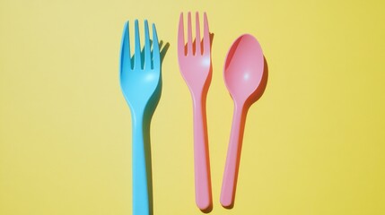 Colorful Plastic Utensils Including Blue Fork, Pink Spoon, and Pink Fork on Bright Yellow Background Ideal for Food Court Equipment Concept