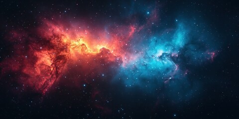 Naklejka premium Cosmic canvas: vibrant nebula displays hues of red and blue speckled with countless stars