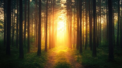Obraz premium Serene golden forest scene at sunrise with tall pine tree silhouettes and soft light filtering through dense foliage creating a tranquil atmosphere