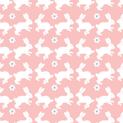 Seamless pattern of cute bunnies. Cute spring Easter rabbit with flower petals. Background texture for Easter and Baby greetings.