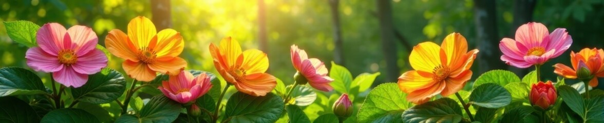 Fototapeta premium Vibrant blooming flowers, lush green leaves, sunlight dappled , macro, backdrop, beauty