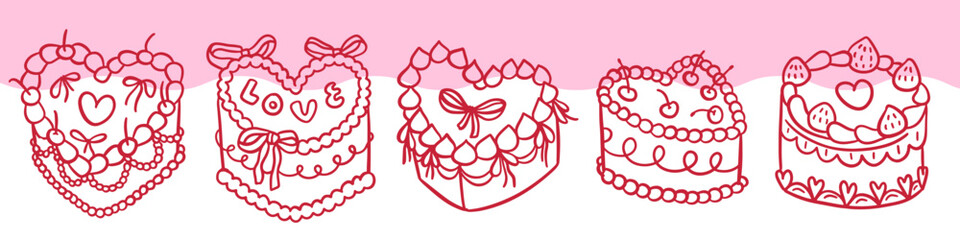 Heart Shaped Cakes set in vintage coquette style. Hand drawn linear doodle vector illustration.