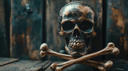 Vintage Skull and Crossbones Halloween Decoration on Dark Wooden Background with Empty Copyspace for Text and Rustic Aesthetic